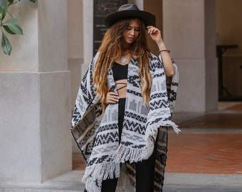 Unisex adult woolen poncho with ethnic print and fringe | Women black and white poncho | Men white poncho | Warm beige poncho with print