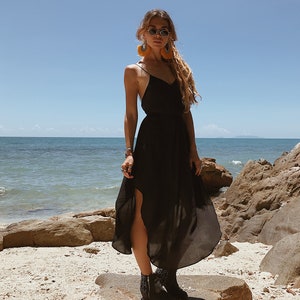 Women Slip Dress Minimal Dress Black Cocktail Dark Party Dress Long Knee length Dress Elegant Cocktail Slit dress zdjęcie 7