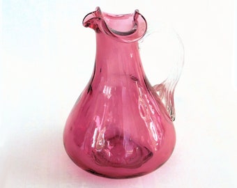 Hand Blown Cranberry Red Glass Cruet with Clear Handle