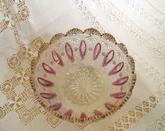 Glass Berry Bowls, EAPG US, New Jersy Loops and Drops Pattern Early 1900, Gold Luster Rim, American Pattern Glass Vintage