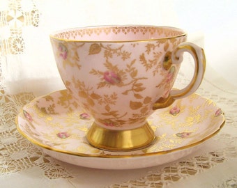 England, Bone China Tea Cup 'n Saucer, Royal Tuscan, Flowers, Gold Luster Rose Vine, Du Barry Rose Pattern