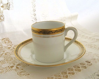 Coffee Cup, Demitasse Set, Expresso Cup, Tea Cup and Saucer, Greek Key Design in Gold Luster and Black