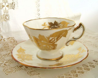 Tea Cup 'n Saucer, English Bone China,  Hammersley, Demitasse Set, Flowers, Gold Luster Roses, Hammersley Rose Pattern