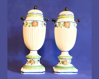 Italian Faience Lidded Urns, Pair of Majolica Pottery Jars