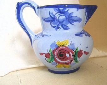 Majolica Creamer, Small Pitcher, Made in Portugal, Completely Hand Painted, Blue with Red Roses, Folk Art