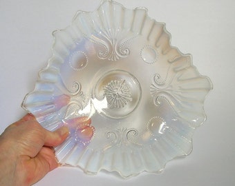 Vintage Opalescent Fluted Bowl, Pearl Luster, Art Glass Carnival Glass, Irridescent Pattern Glass, Milk Glass, Candy Dish