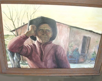 Original Watercolor Painting Signed by Manuel Acosta Portrait of Don Pancho with Southwest Scene in Background