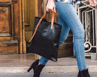 Handcrafted Leather Tote Bag, 13-15 inch Laptop, Adjustable Straps