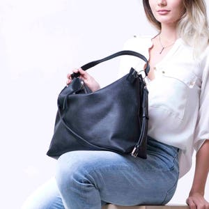 Black Leather Hobo Bag, Hobo Leather Bag, Black Hobo HandBag, Personalized Messenger Bag,