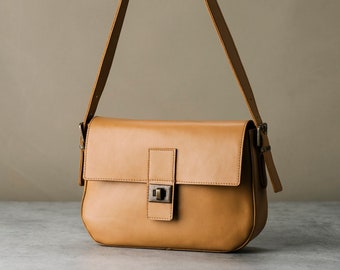 Sac à bandoulière en cuir fait main Sac à bandoulière en cuir camel, cadeau pour elle