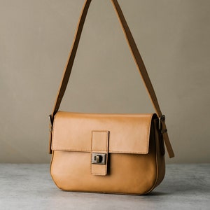 Handmade Leather shoulder bag Camel Leather Shoulder Bag, Gift for Her image 1