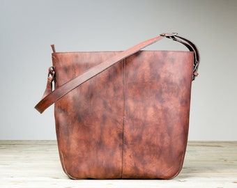 Dark Brown Leather Tote Bag for Women made of Distressed Leather, Mother's Day Gift