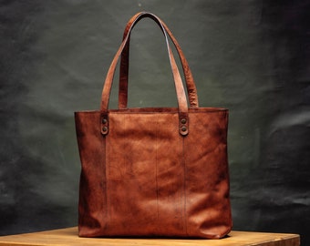 Leren shopper, Carryall Shopper, boodschappentas, Moederdag, bruine leren draagtas voor dames