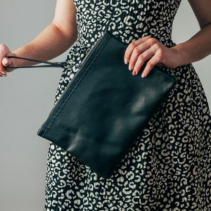 Black Leather Clutch, Black Leather, Wristlet Clutch image 1