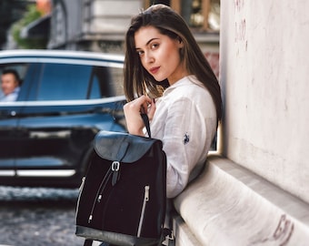 Black Suede Leather Backpack, Everyday iPad Bag