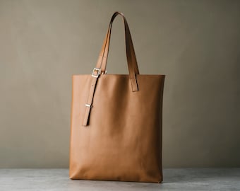 Caramel leather tote bag, Casual leather tote bag, Work leather tote bag, 15 inch laptop tote bag