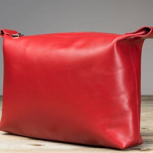 Red Leather Pouch, Red Leather Cosmetic Pouch, Leather Zipper Pouch, Gift Toiletry Bag, Personalized Gift, Mother&#39;s Day Gift