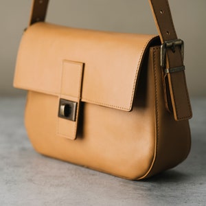 Handmade Leather shoulder bag Camel Leather Shoulder Bag, Gift for Her image 3
