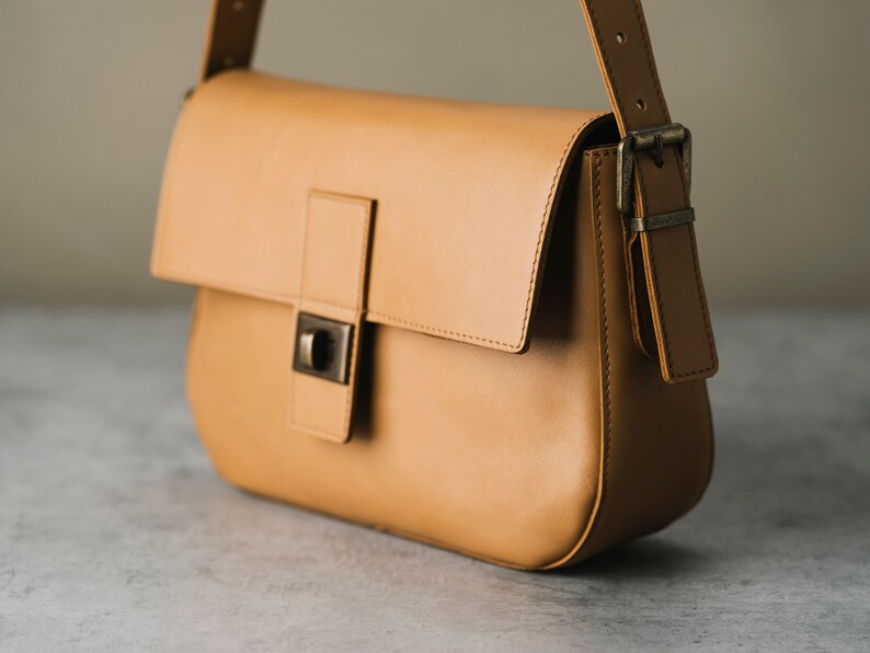 Handmade Leather shoulder bag Camel Leather Shoulder Bag, Gift for Her image 3