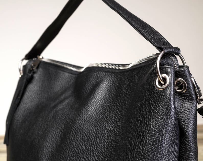 Black Leather Hobo Bag, Hobo Leather Bag, Black Hobo HandBag, Personalized Messenger Bag, image 3