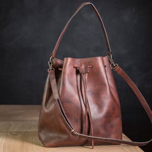 Leather Bucket Bag, Brown Leather Bucket Bag, Brown Bucket Bag, Handmade Bucket Bag, Drawstring Bag Leather, Mother's Day Gift image 4