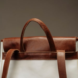 May include: A white leather backpack with brown leather accents. The backpack has a single top handle and two adjustable straps.