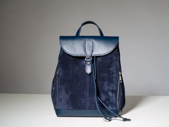 Navy Blue Leather Backpack, Medium Student Laptop Backpack