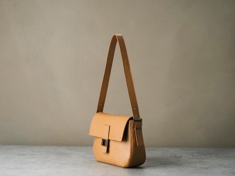 Handmade Leather shoulder bag Camel Leather Shoulder Bag, Gift for Her image 2