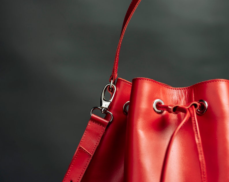 Red Bucket Bag, Red Leather Bucket Bag, Red Crossbody Bag, Leather Bucket Bag For Women, Mother's Day Gift image 4