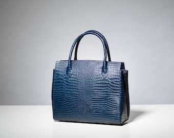 Navy blue leather handbag, Elegant leather handbag, Croco pattern leather handbag, Christmas Gifts