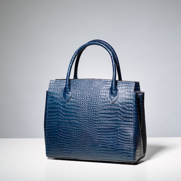 Navy blue leather handbag, Elegant leather handbag, Croco pattern leather handbag, Christmas Gifts