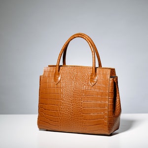 Leather elegant bag, Cognac Croco bag, Leather Croco Pattern bag