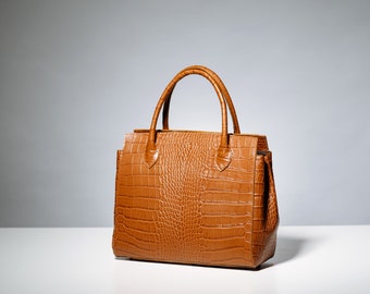 Leather elegant bag, Cognac Croco bag, Leather Croco Pattern bag
