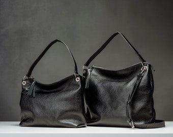 ショルダーバッグ・ポシェット Hobo leather messenger bag BLACK Black Leather Hobo Bag, Leather Tote Bag With Pockets, Black