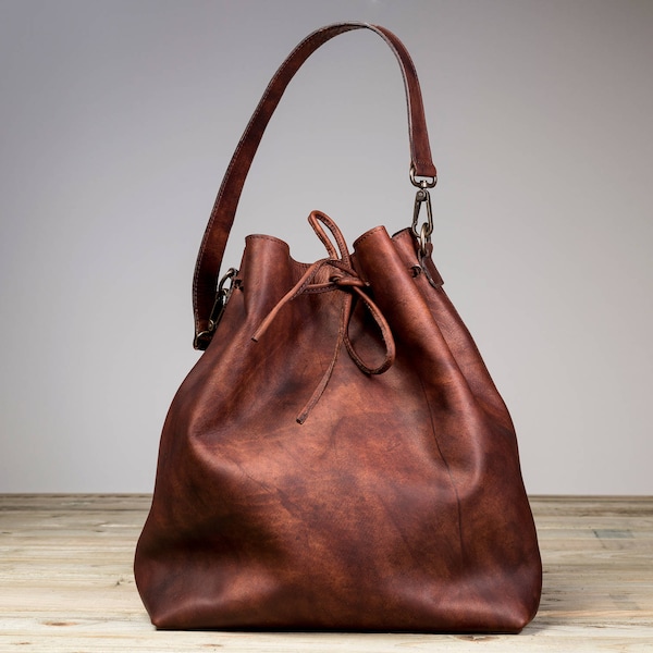 Leather Bucket Bag, Brown Leather Bucket Bag, Brown Bucket Bag, Handmade Bucket Bag, Drawstring Bag Leather, Mother's Day Gift