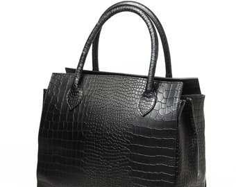 Croco Pattern Leather bag, Carryall Satchel Tote Bag, Christmas Gift, Bestseller Bag, Black Croco Pattern bag, Natural Leather