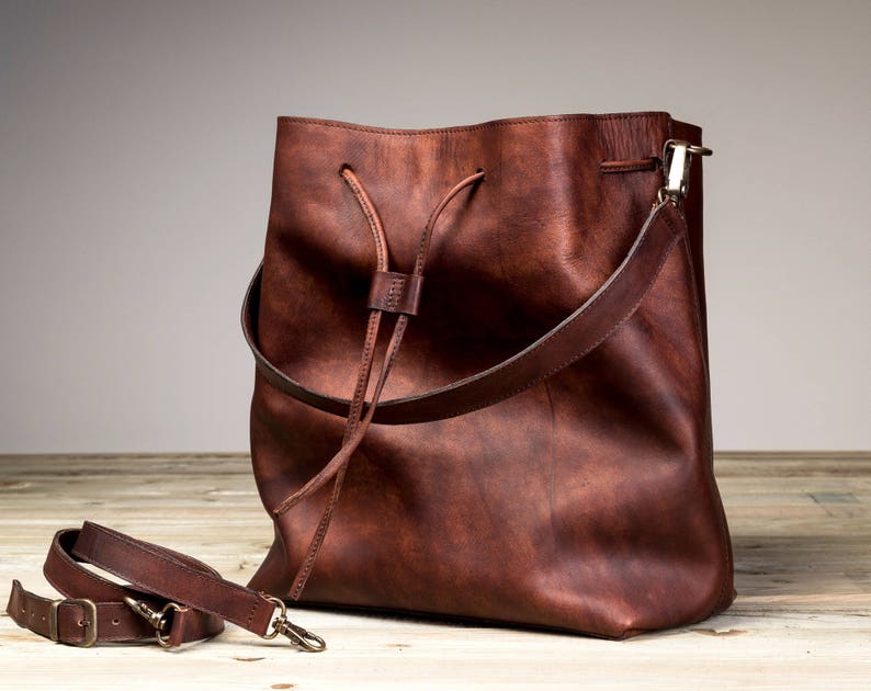 Leather Bucket Bag, Brown Leather Bucket Bag, Brown Bucket Bag, Handmade Bucket Bag, Drawstring Bag Leather, Mother's Day Gift image 2