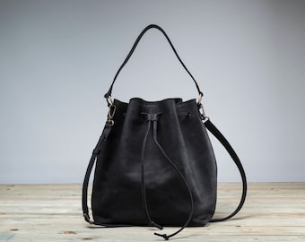 Black Bucket Bag, Bucket Bag, Leather Bucket, Black bag, Black Crossbody Bag, Drawstring bag, Christmas  Gifts