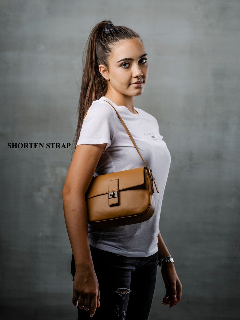 Handmade Leather shoulder bag Camel Leather Shoulder Bag, Gift for Her image 8