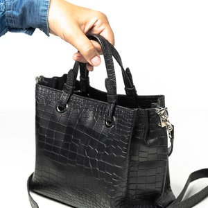 Sac à bandoulière, mini sac à motif croco, cadeau pour elle, sac rétro, cuir noir à motif croco