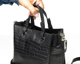 Crossbody Bag, Croco Pattern Mini Bag, Gift for her, Retro Bag, Black Croco Pattern Leather