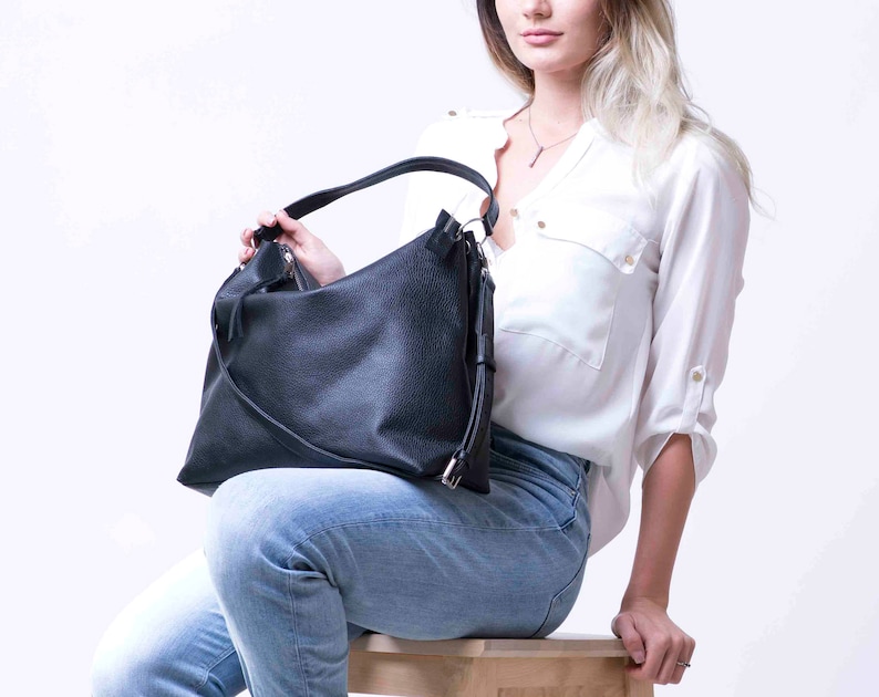 Black Leather Hobo Bag, Hobo Leather Bag, Black Hobo HandBag, Personalized Messenger Bag, image 1