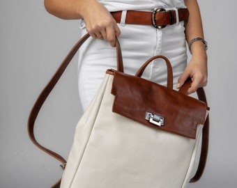 Handmade White Leather Backpack, 13 inch Laptop Rucksack
