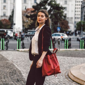 Red Bucket Bag, Red Leather Bucket Bag, Red Crossbody Bag, Leather Bucket Bag For Women, Mother's Day Gift image 6