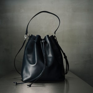 Navy Blue Leather Bucket Bag , Navy Blue Bag, Leather Bucket Bag for Women, Genuine Leather Bag, Mother's Day Gift