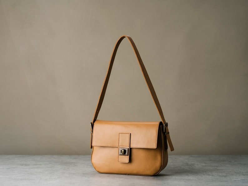 Handmade Leather shoulder bag Camel Leather Shoulder Bag, Gift for Her image 1