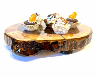 Wooden cake tray 15x13” z 1 1/2"- Wedding cake stand, wood tree slice,round charcuterie,walnut wood,rustic candle centerpiece, serving tray,