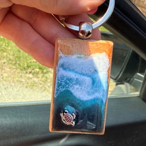 Personalized Ocean Resin Keychain, Handburned Wood Coastal Accessory, Wave Car Keyring