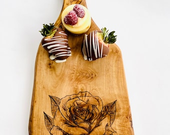 Rose flower Cutting Board, Rose Decor, Kitchen Decor, Hand Burned Cheese Board, Charcuterie Board, Olive Wood