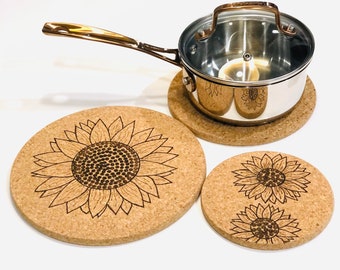 Cork trivets/ pot holder/ hot pot holder/ pan holder/ hand burned/ funny kitchen decor/ sunflower/ chef gift